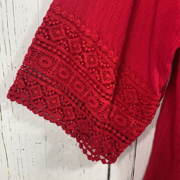 Peter Nygard Red Crochet Embroidered Slit Flared Sleeve Round Neck Blouse - Picture 6 of 16